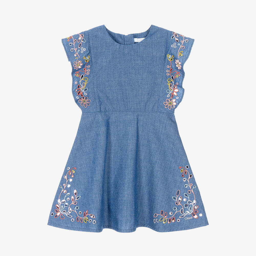 Chloé - Girls Blue Cotton Chambray Floral Dress | Childrensalon