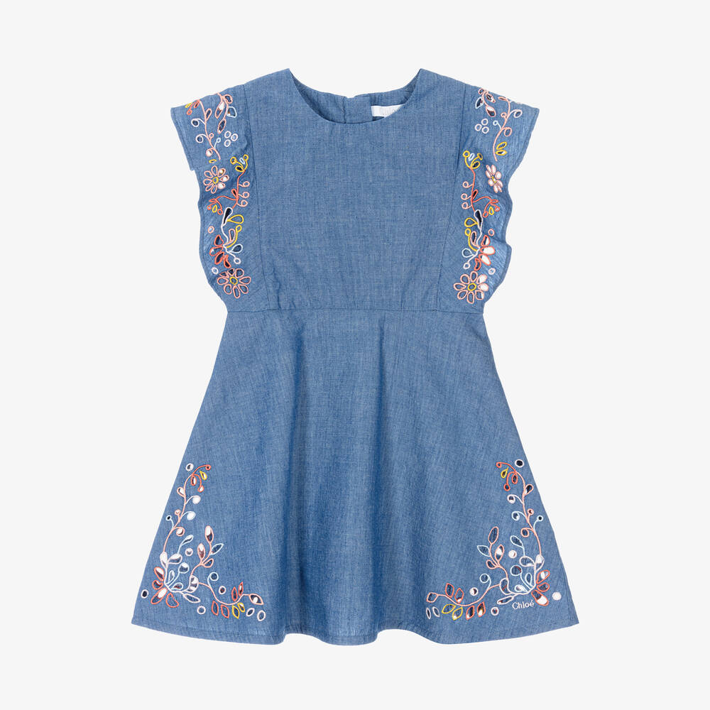 Chloé - Blumen-Chambray-Baumwollkleid blau | Childrensalon