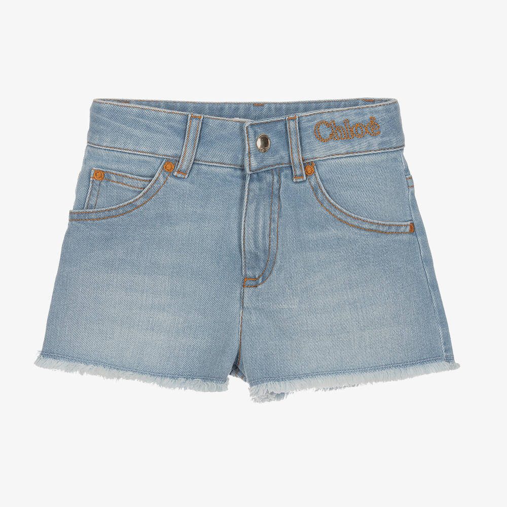 Chloé - Girls Blue Cotton Denim Logo Shorts | Childrensalon