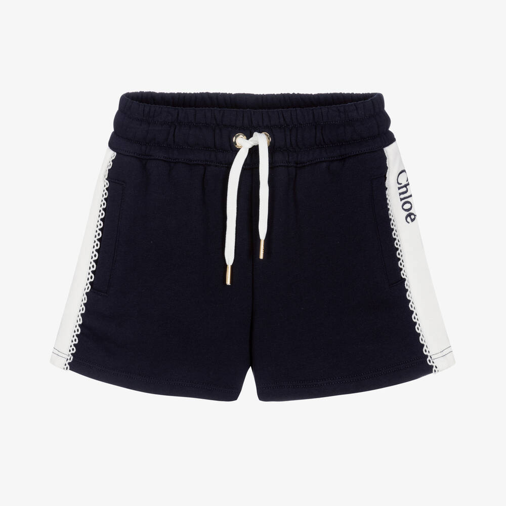 Chloé - Short bleu en coton à logo fille | Childrensalon