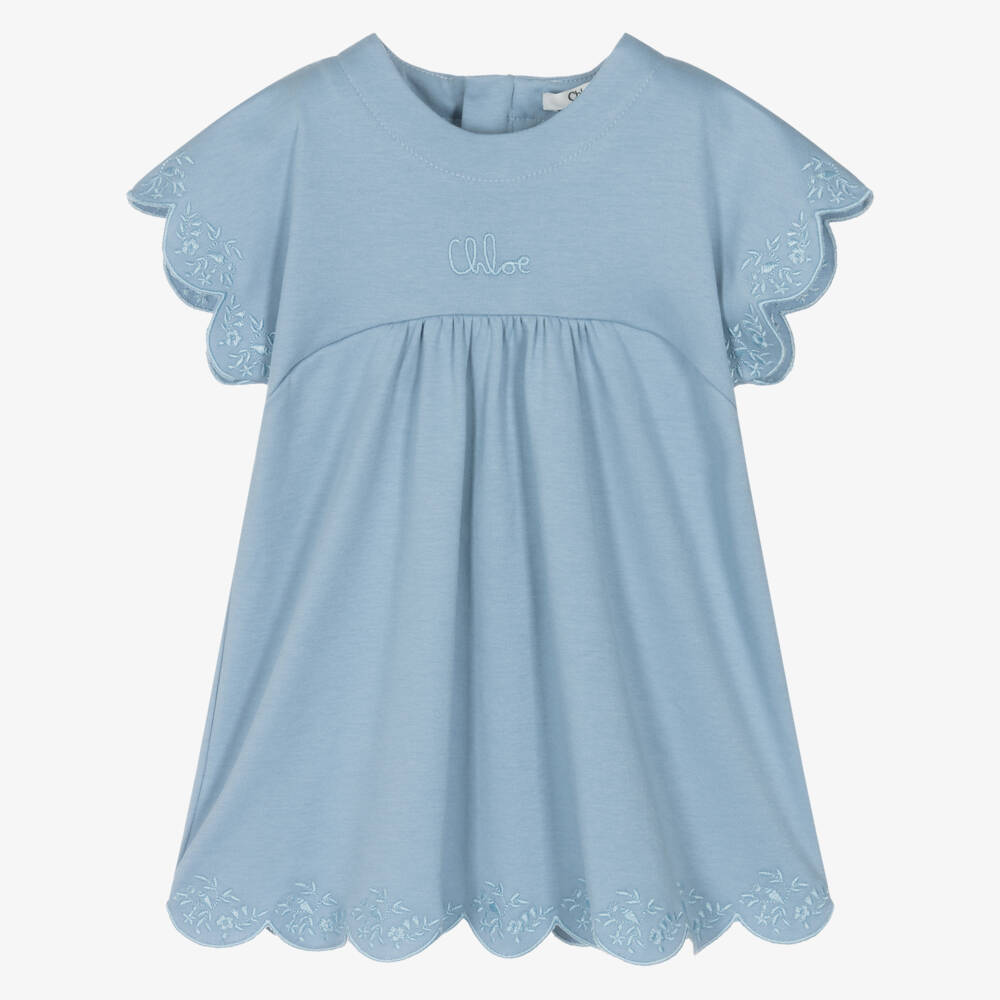 Chloé-Girls Blue Cotton Scalloped Dress with Floral Embroidery | Childrensalon Outlet