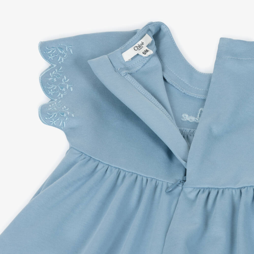 Chloé-Girls Blue Cotton Scalloped Dress with Floral Embroidery | Childrensalon Outlet