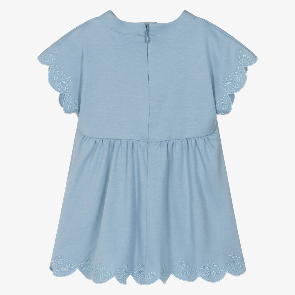Chloé-Girls Blue Cotton Scalloped Dress with Floral Embroidery | Childrensalon Outlet