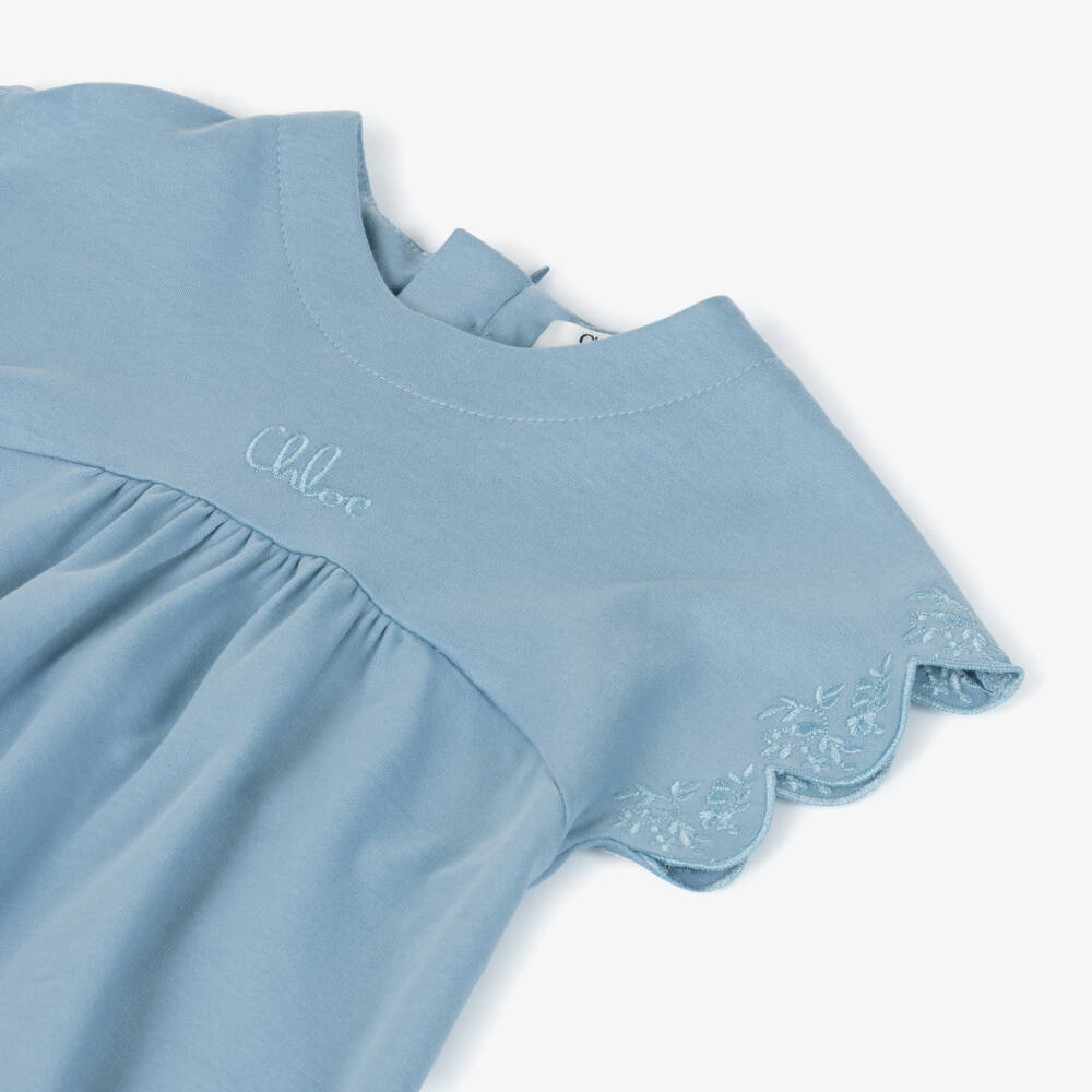 Chloé-Girls Blue Cotton Scalloped Dress with Floral Embroidery | Childrensalon Outlet