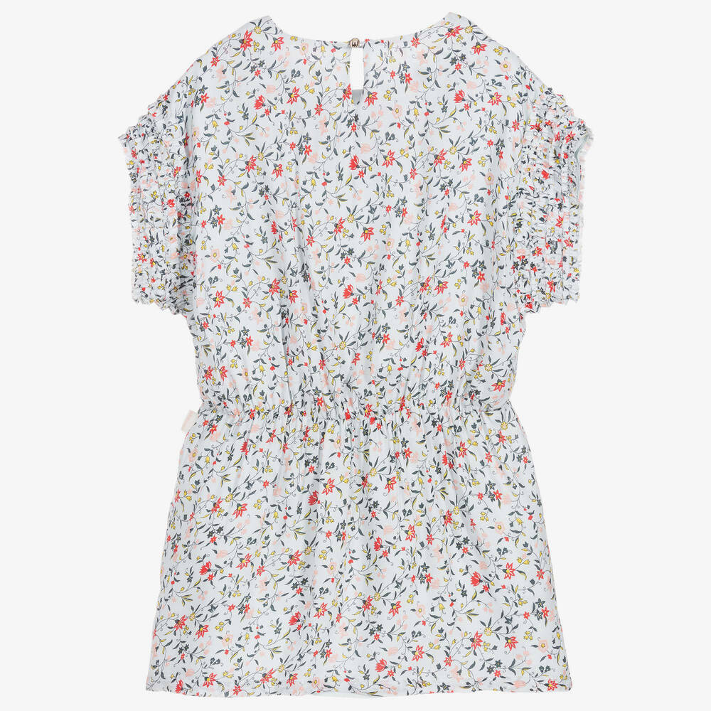 Chloé-فستان كريب لون أزرق بطبعة ورود | Childrensalon Outlet