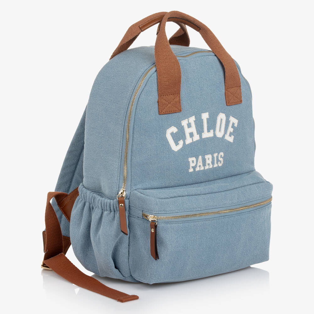 Chloé-Girls Blue Denim Backpack with Brown Trims (37cm) | Childrensalon Outlet