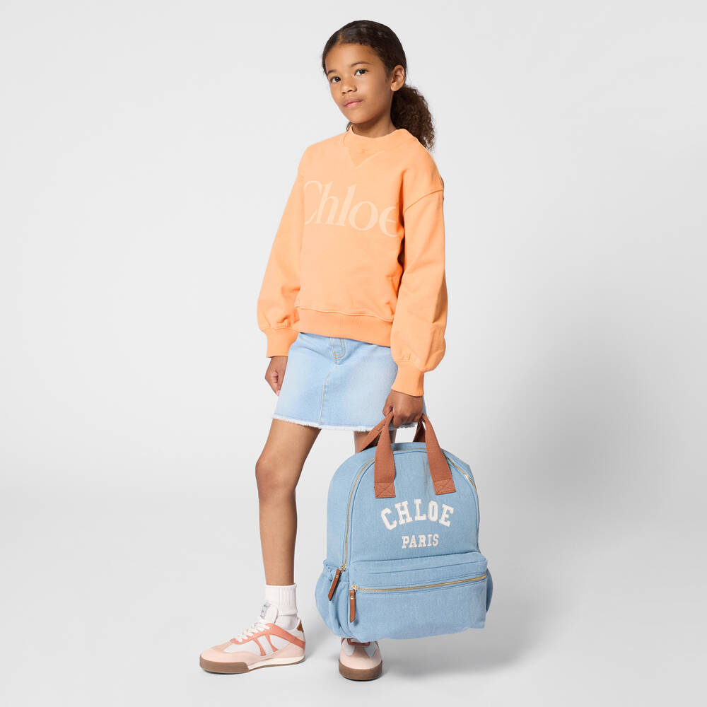 Chloé-Girls Blue Denim Backpack with Brown Trims (37cm) | Childrensalon Outlet