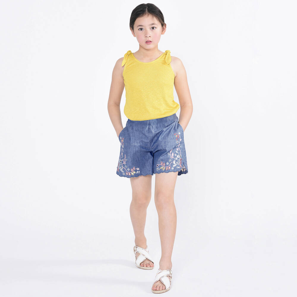 Chloé-شورت قطن شامبري مطرز لون أزرق للبنات | Childrensalon Outlet