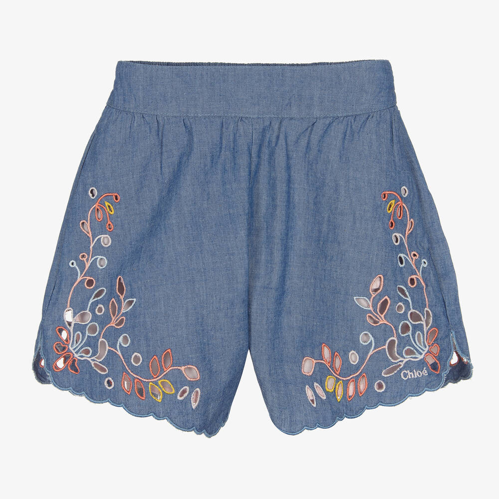 Chloé - Girls Blue Embroidered Chambray Shorts | Childrensalon