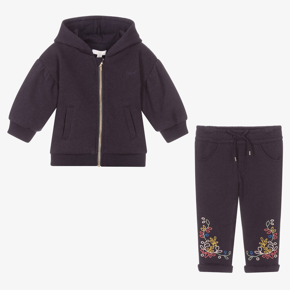 Chloé-Синий спортивный костюм с вышивкой для девочек | Childrensalon Outlet