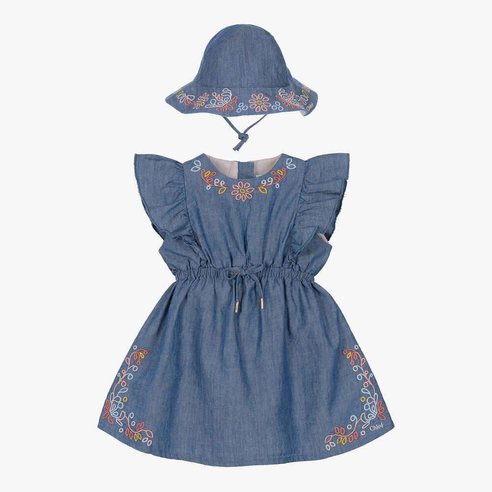 Chloé - Голубое платье и панама из шамбре с цветами | Childrensalon