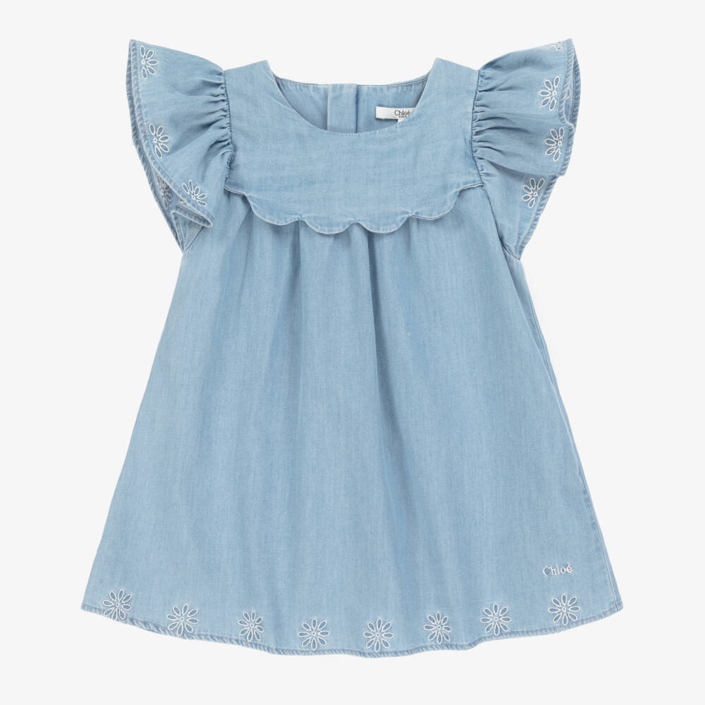 Chloé-Girls Blue Frilled Chambray Frock | Childrensalon Outlet