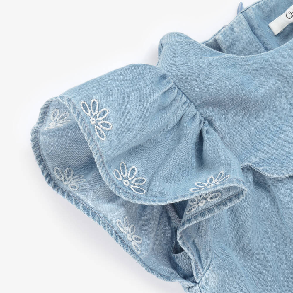 Chloé-Girls Blue Frilled Chambray Frock | Childrensalon Outlet