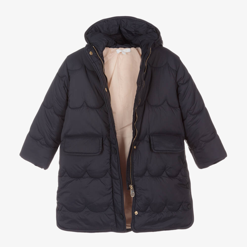 Chloé-Синее утепленное пальто с капюшоном для девочек | Childrensalon Outlet