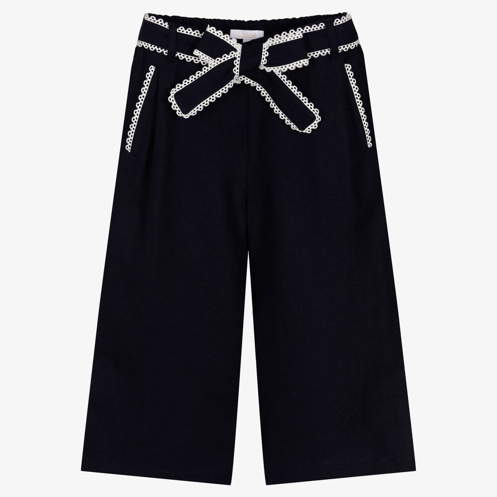 Chloé - Girls Blue Linen Wide Leg Trousers | Childrensalon