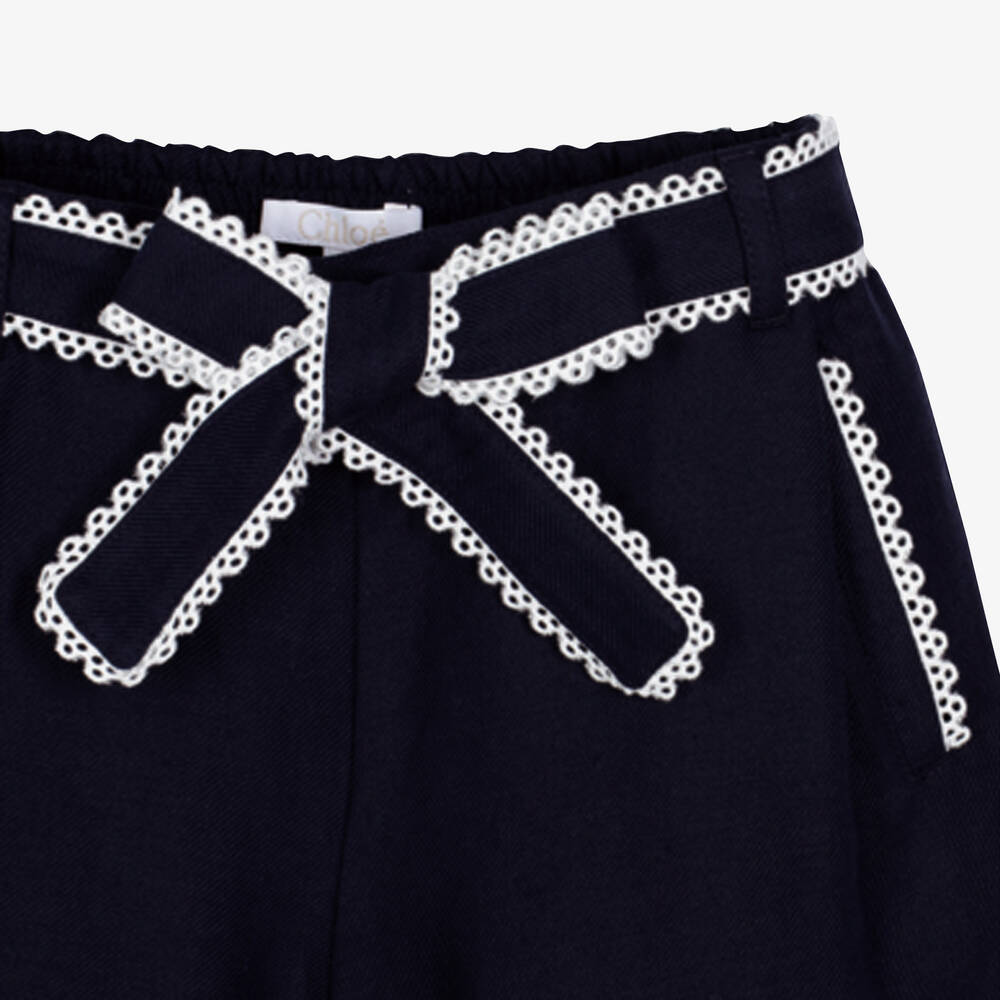 Chloé-بنطلون بأرجل واسعة قطن وكتان لون كحلي للبنات | Childrensalon Outlet