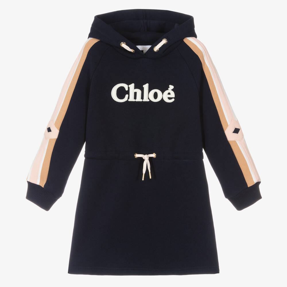 Chloé - Robe sweat à capuche bleue en coton bio fille | Childrensalon