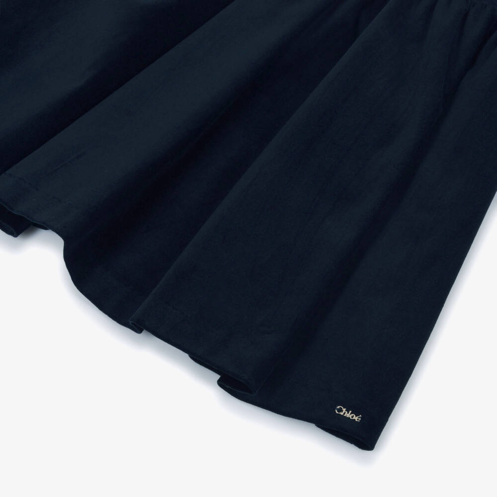 Chloé-فستان مخملي أزرق للبنات بحواف مموجة | Childrensalon Outlet