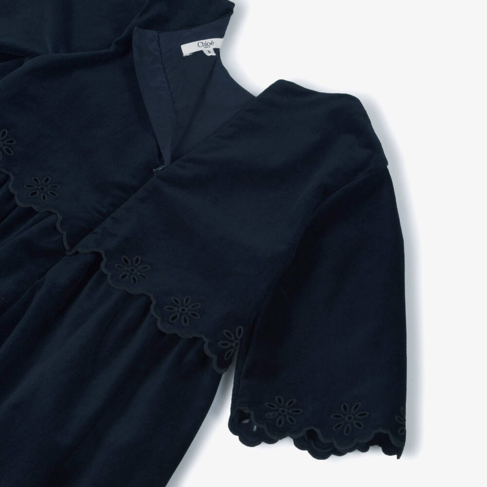 Chloé-فستان مخملي أزرق للبنات بحواف مموجة | Childrensalon Outlet