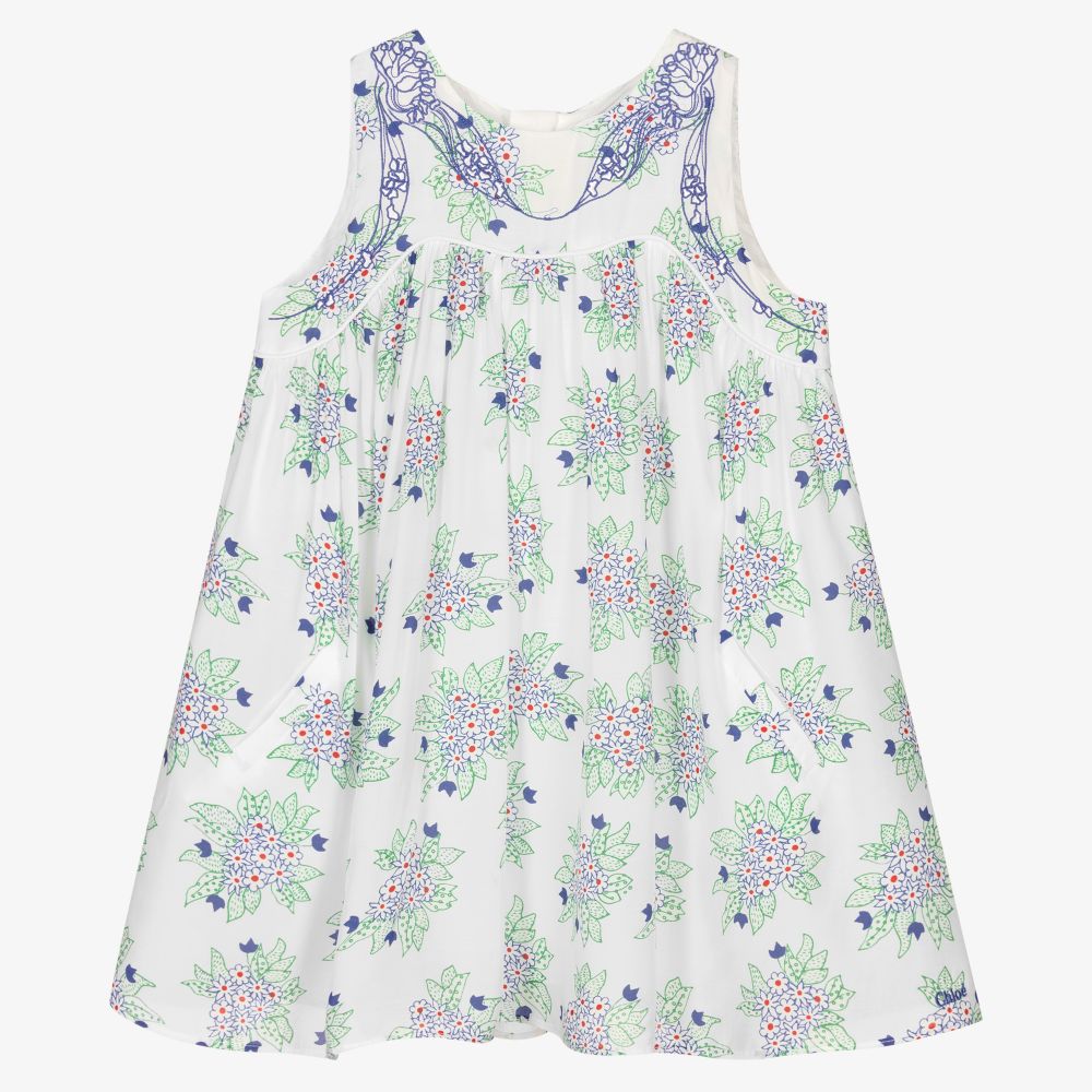 Chloé-فستان مزيج حرير وفيسكوز لون أبيض وأزرق | Childrensalon Outlet