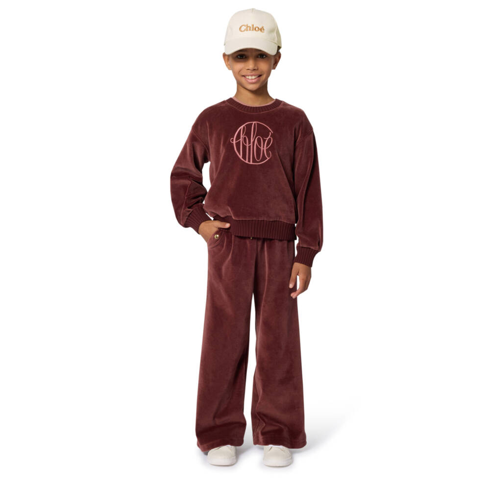 Chloé-Girls Bordeaux Pink Cotton Velour Leggings with Circular Logo | Childrensalon Outlet