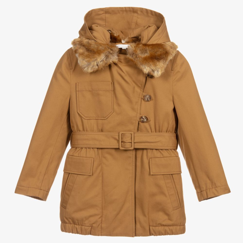Chloé - Girls Brown Cotton Belted Coat | Childrensalon