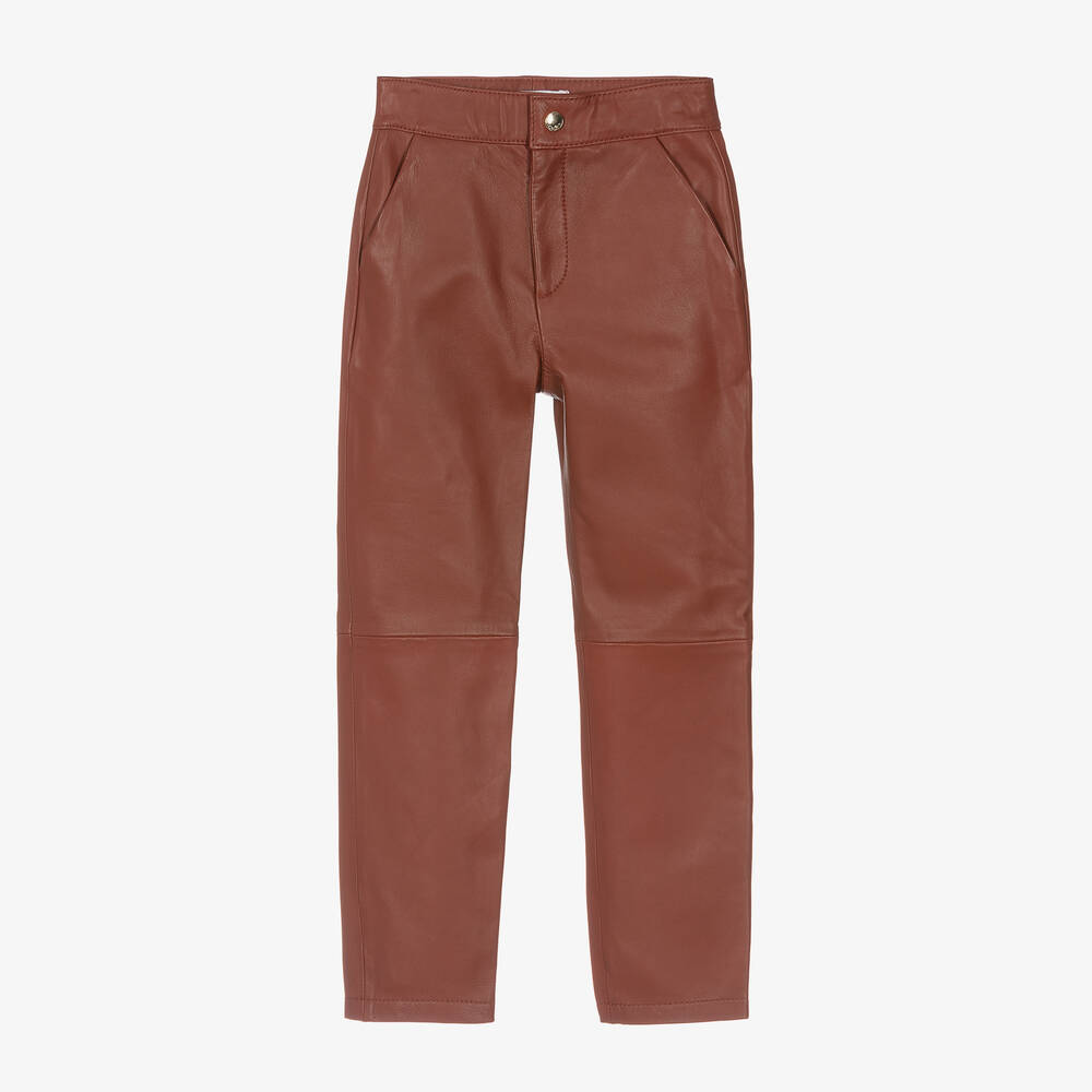 Chloé - Pantalon marron brodé en cuir ado | Childrensalon
