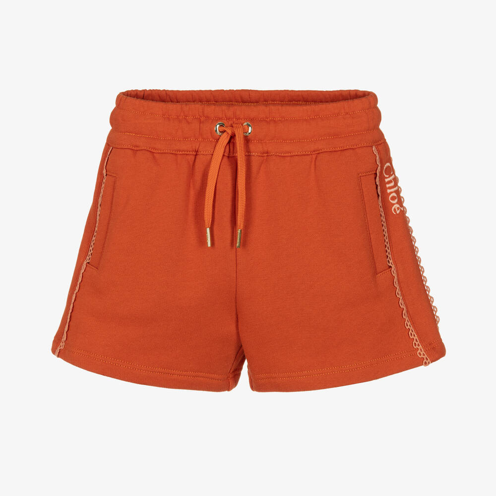 Chloé - Girls Burnt Orange Cotton Logo Shorts | Childrensalon