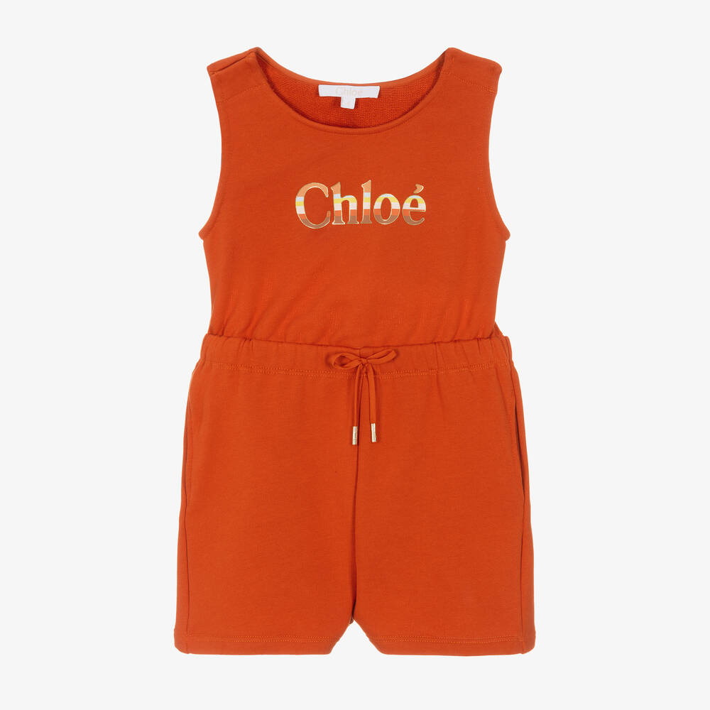 Chloé - Girls Burnt Orange Logo Playsuit | Childrensalon