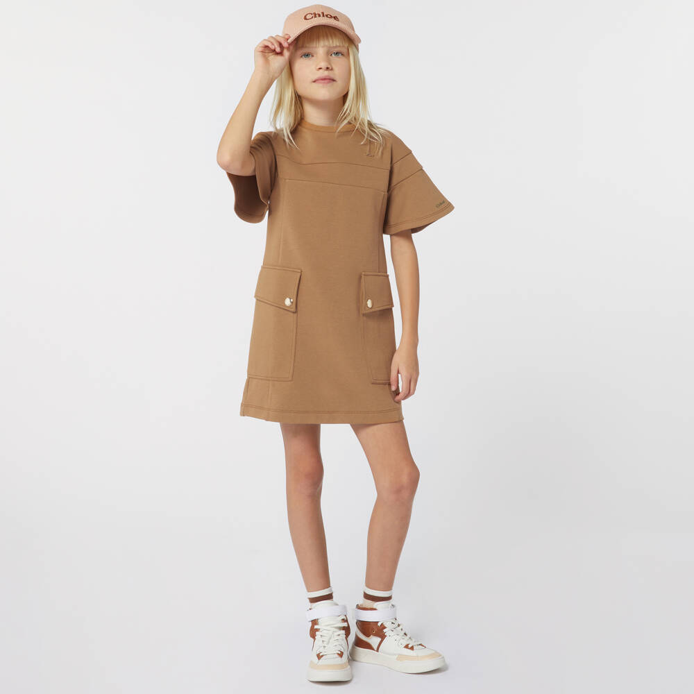 Chloé-Girls Caramel Jersey Dress with Pockets | Childrensalon Outlet