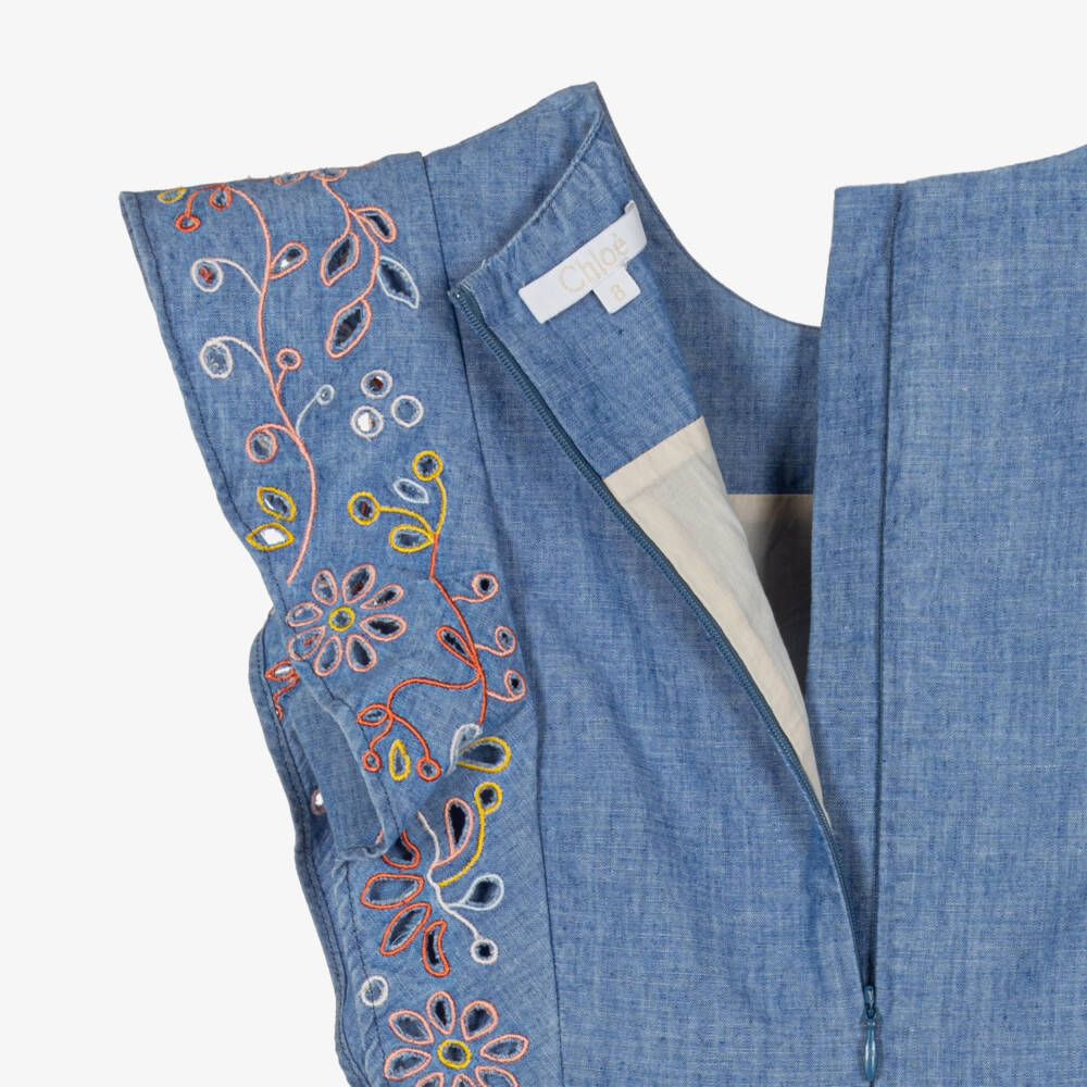 Chloé-فستان شامبراي مطرز بالزهور للبنات | Childrensalon Outlet