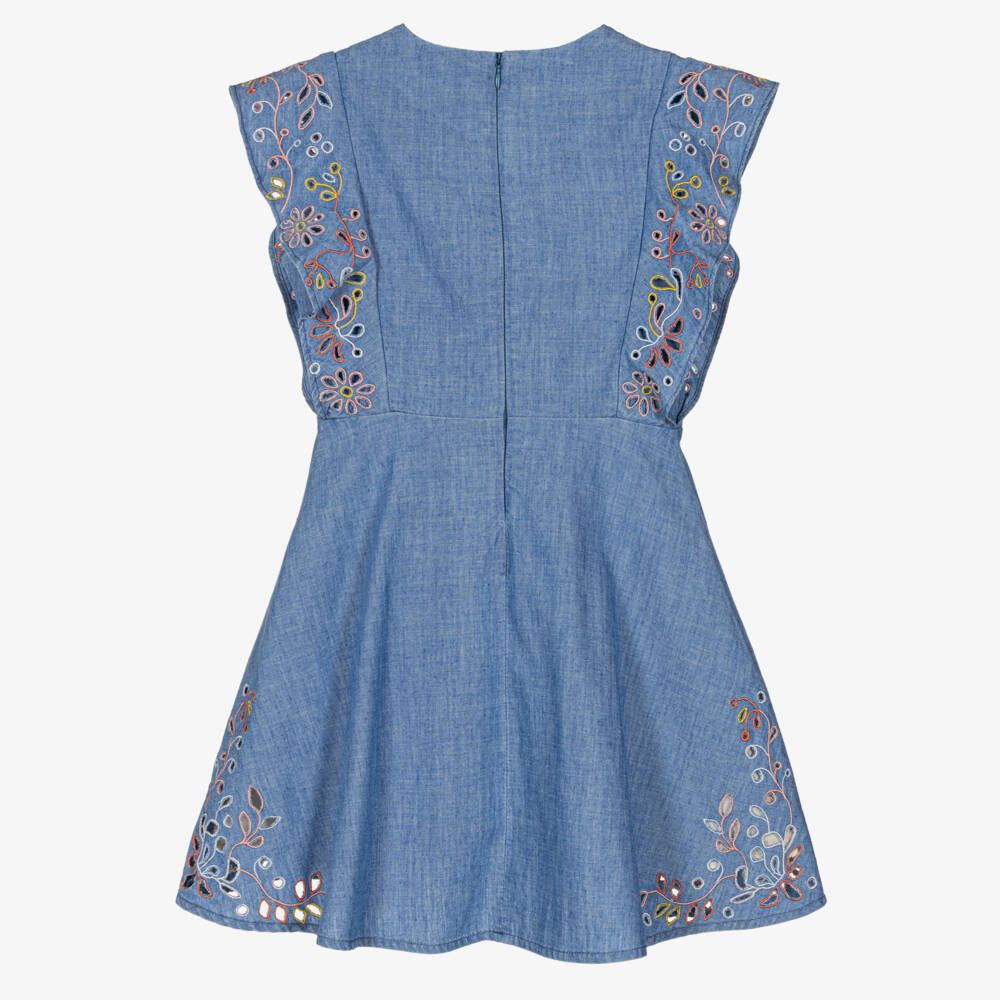 Chloé-فستان شامبراي مطرز بالزهور للبنات | Childrensalon Outlet