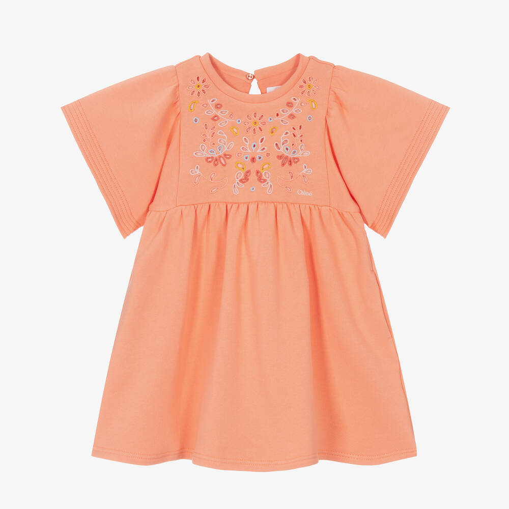 Chloé - Girls Coral Orange Cotton Floral Dress | Childrensalon