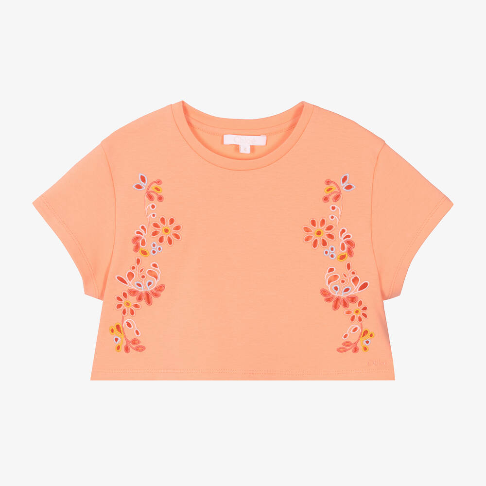 Chloé - Girls Coral Orange Cotton Floral T-Shirt | Childrensalon
