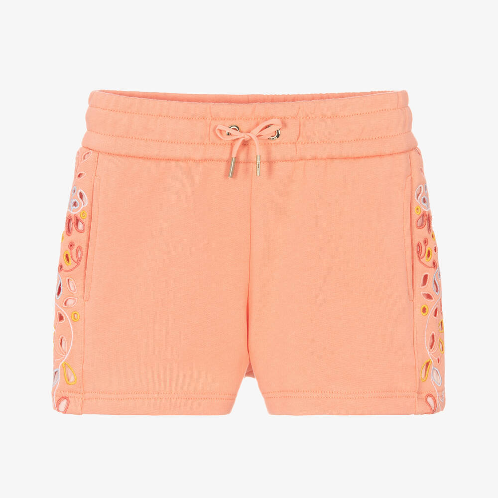 Chloé -  Girls Coral Orange Floral Shorts | Childrensalon