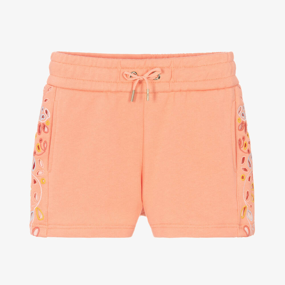 Chloé -  Girls Coral Orange Floral Shorts | Childrensalon