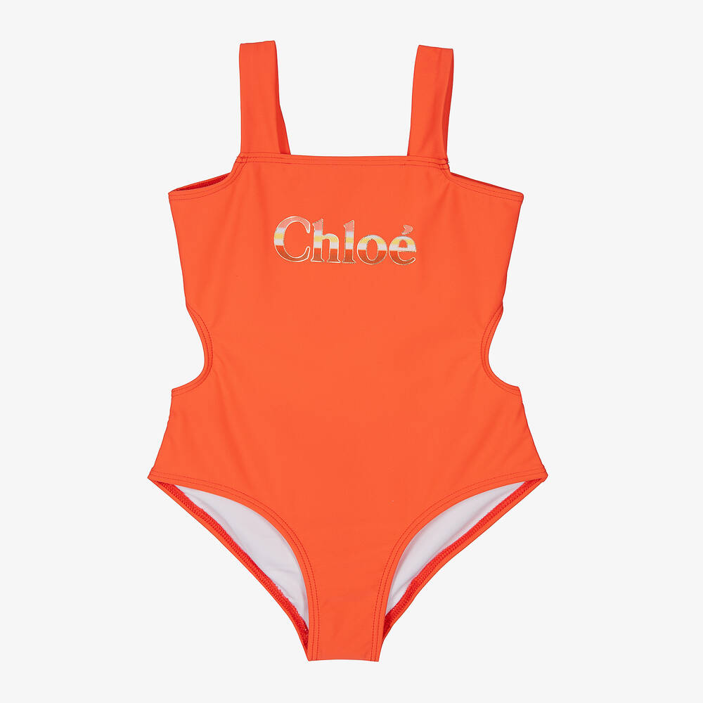 Chloé - Girls Coral Orange Logo Swimsuit | Childrensalon