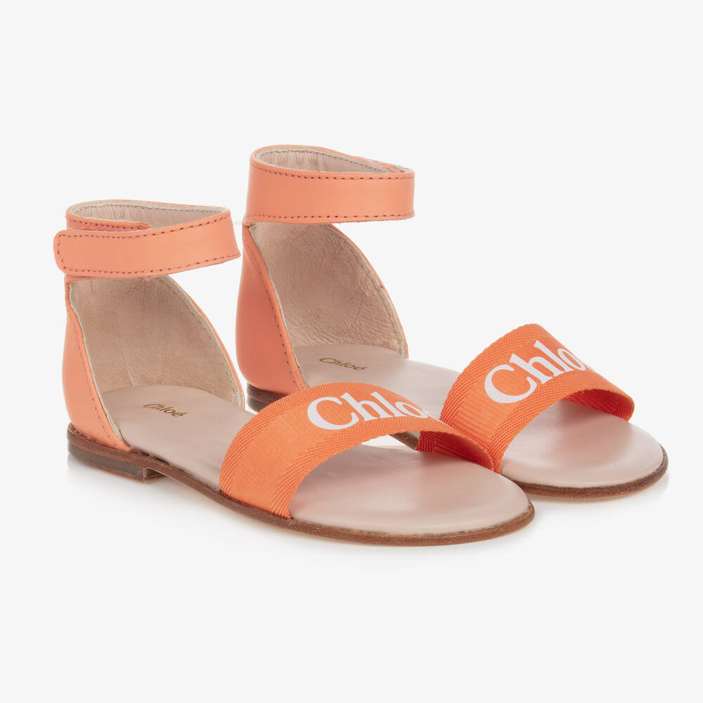 Chloé - Girls Coral Pink Leather Logo Sandals | Childrensalon