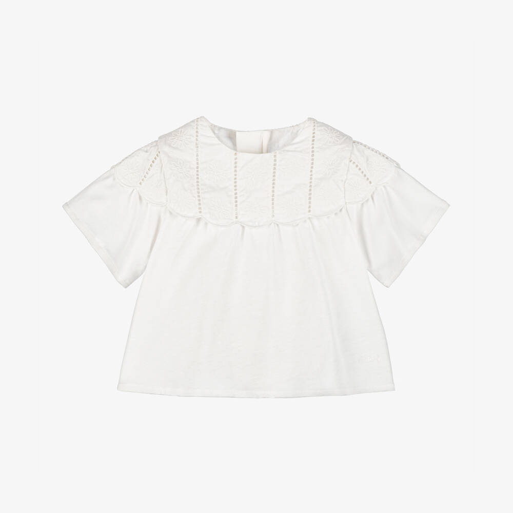 Chloé-بلوزة كريمية بياقة مطرزة للبنات | Childrensalon Outlet
