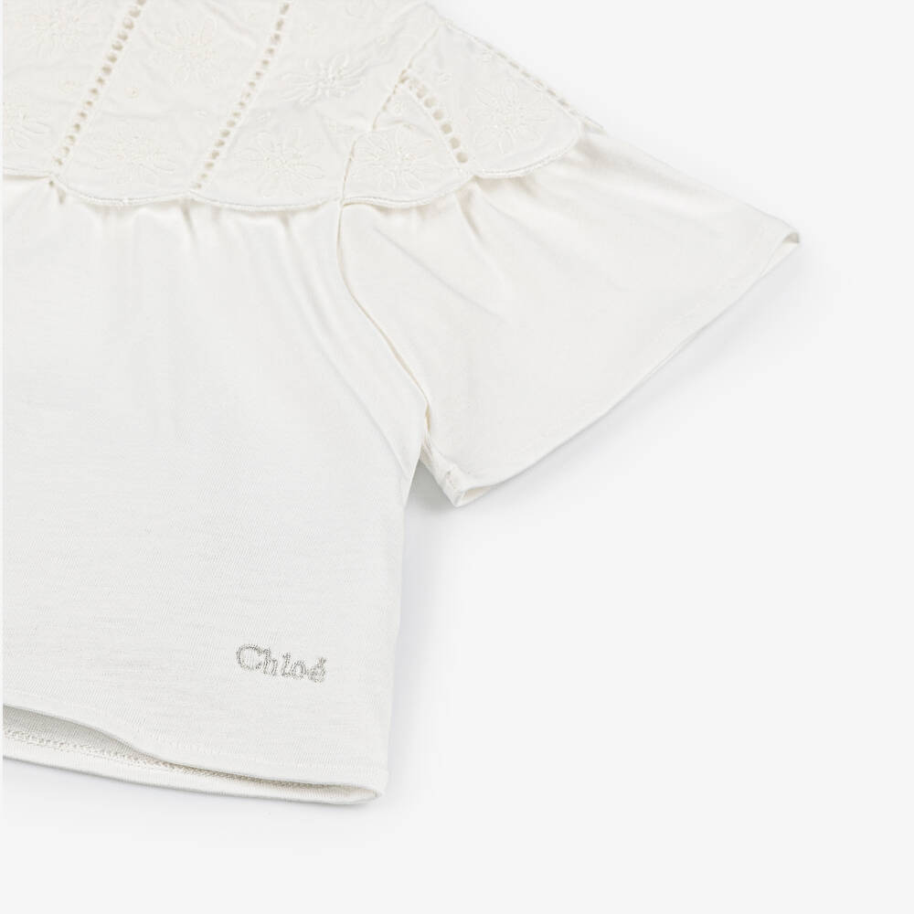 Chloé-Girls Creamy Embroidered Collar Top | Childrensalon Outlet