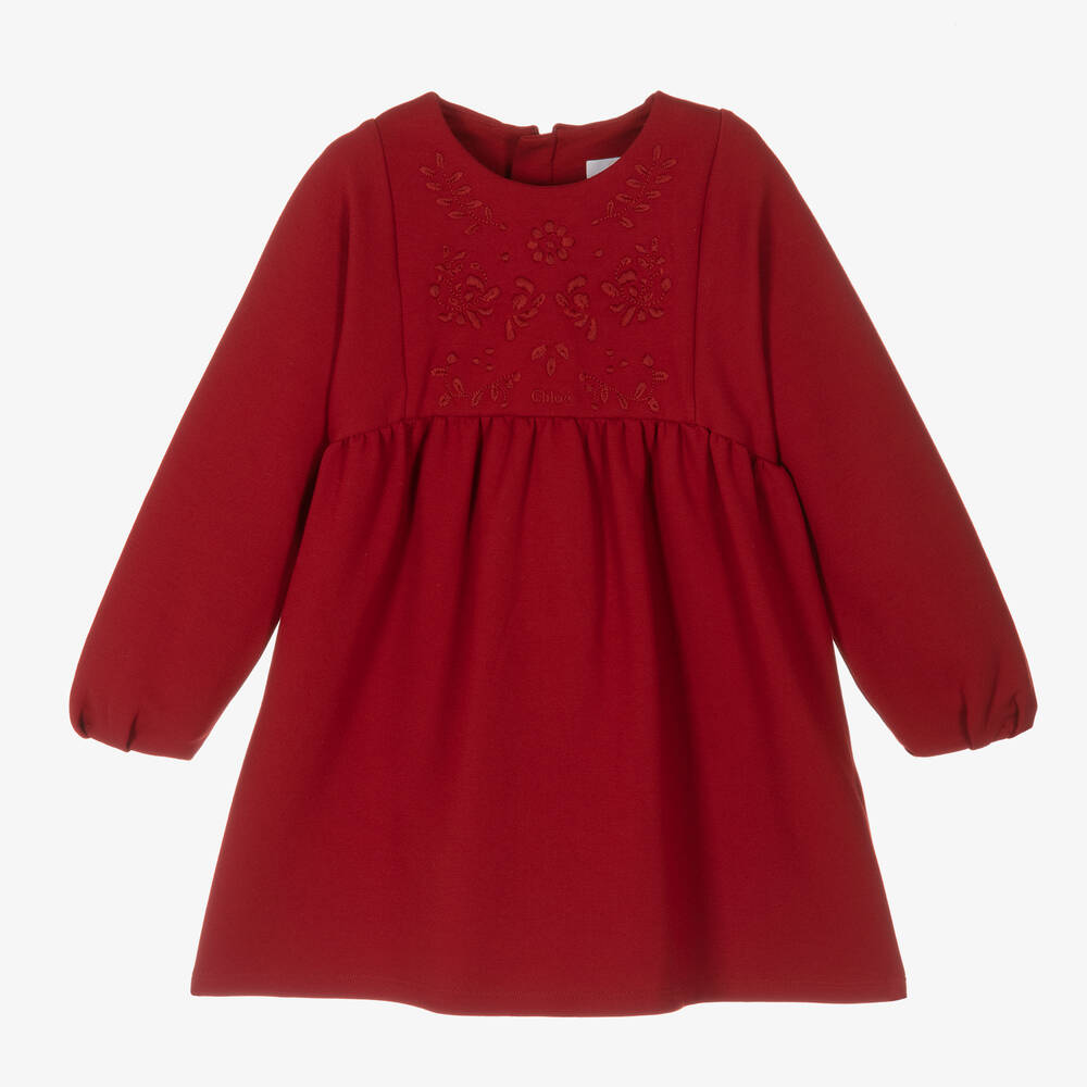 Chloé - فستان مزيج قطن ومودال مطرز لون أحمر داكن | Childrensalon