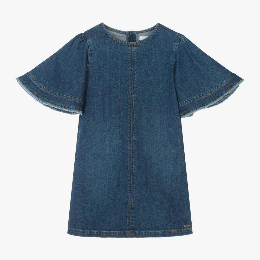 Chloé-Girls Denim Dress with Frayed Sleeves | Childrensalon Outlet
