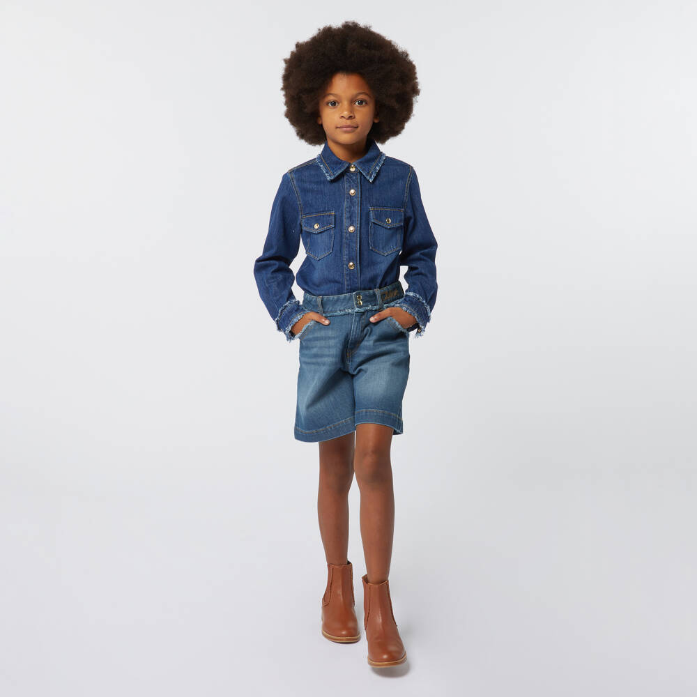 Chloé-Girls Frayed Blue Denim Blouse | Childrensalon Outlet