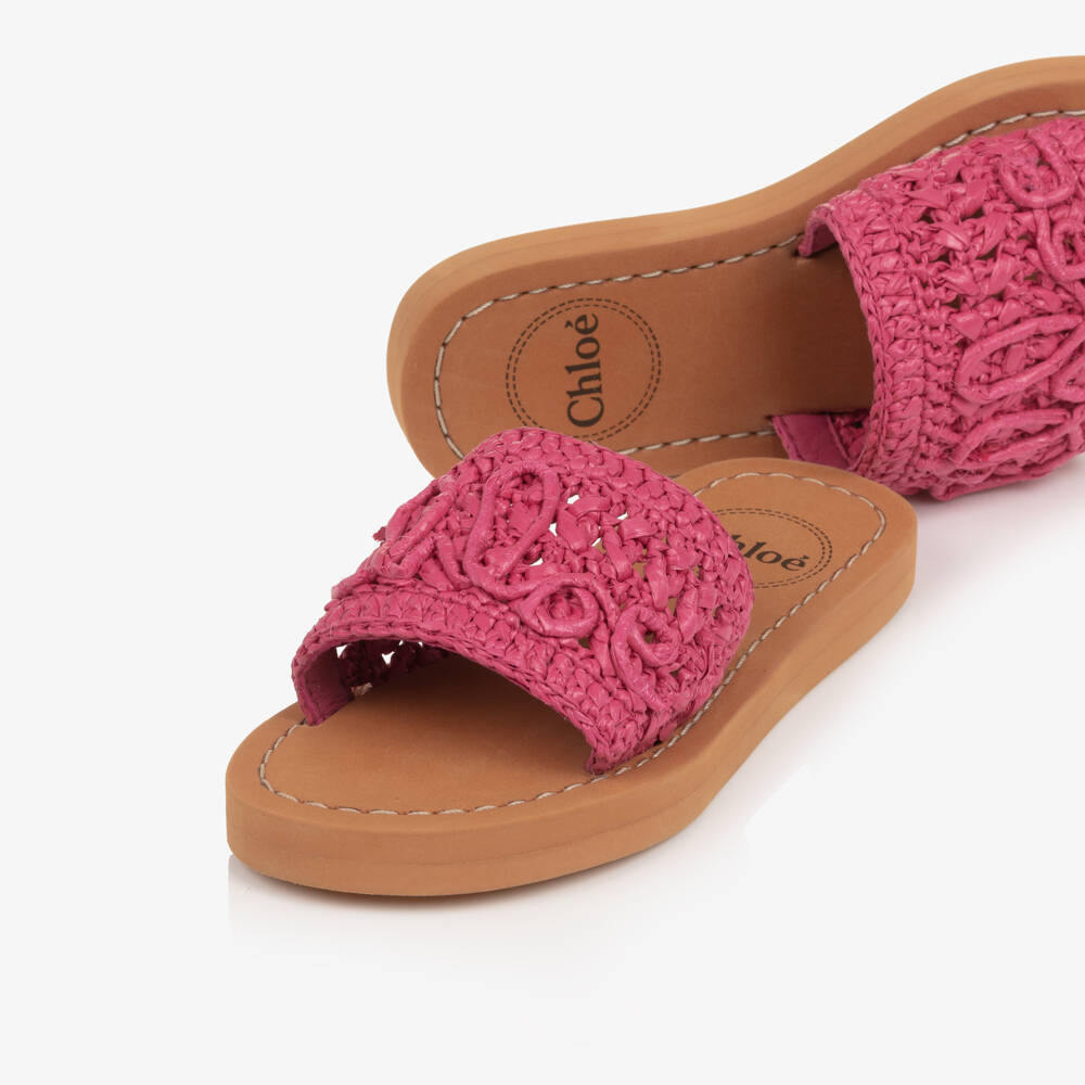 Chloé-Girls Fuchsia Pink Raffia Sliders with Script Logo | Childrensalon Outlet