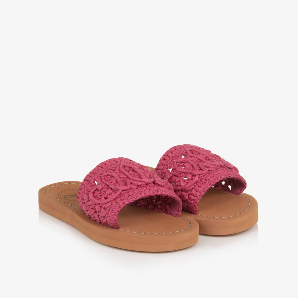 Chloé-Girls Fuchsia Pink Raffia Sliders with Script Logo | Childrensalon Outlet