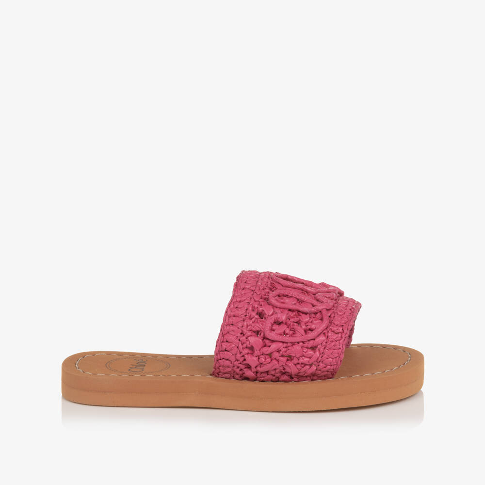 Chloé-Girls Fuchsia Pink Raffia Sliders with Script Logo | Childrensalon Outlet