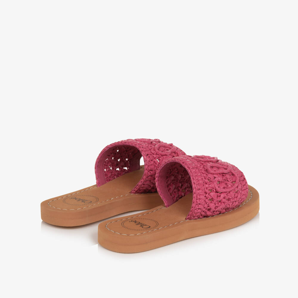 Chloé-Girls Fuchsia Pink Raffia Sliders with Script Logo | Childrensalon Outlet
