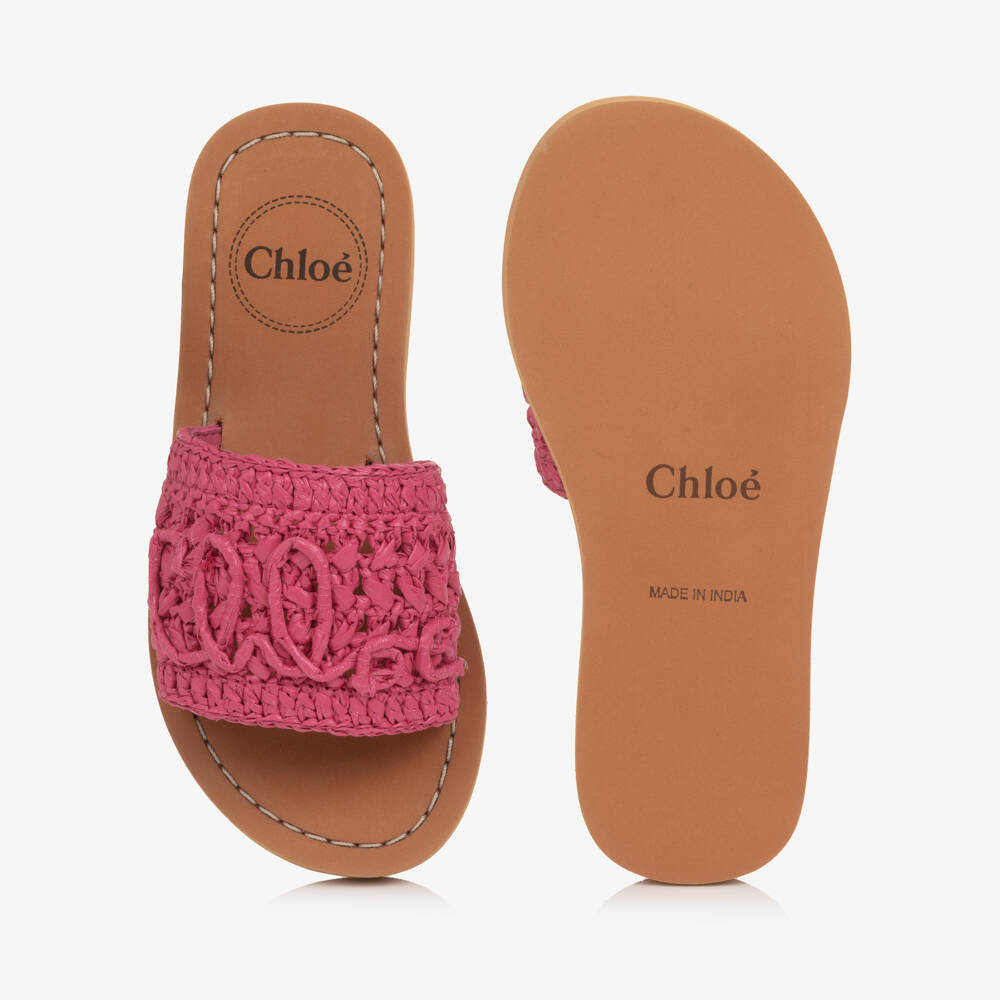 Chloé-Girls Fuchsia Pink Raffia Sliders with Script Logo | Childrensalon Outlet