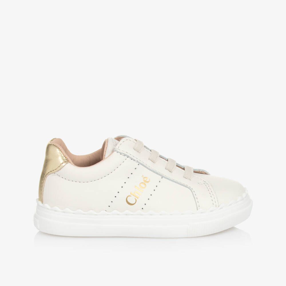 Chloé-Girls Gold-Trimmed White Leather Sneakers | Childrensalon Outlet