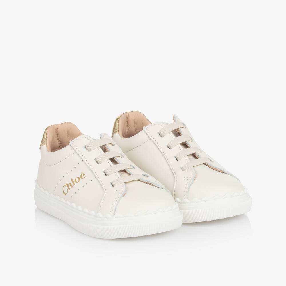 Chloé-Girls Gold-Trimmed White Leather Sneakers | Childrensalon Outlet